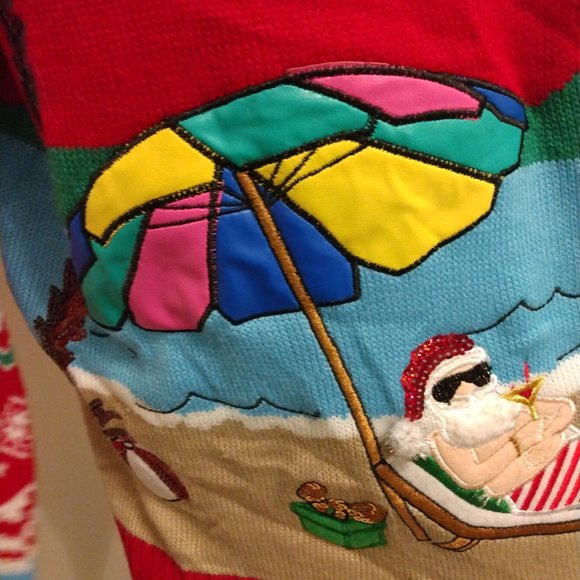 ❤️Santa on VACA Hooked Up Embroidery Leather Sequins UGLY CHRISTMAS SWEATER SZ L - Picture 8 of 12